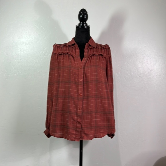 Max Studio Cotton Plaid Feminine Blouse Size S Brown Ruffles Empire Sleeve - Picture 2 of 11